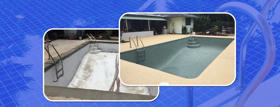 Before and after pool resurfacing showing a worn, damaged swimming pool restored to a newly resurfaced backyard pool.