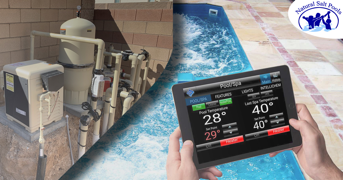 pool-filter-system-and-hand-holding-tablet-checking-pool-temperature