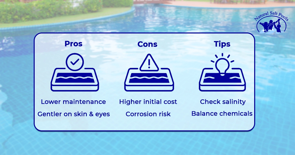 Infographic detailing the pros, cons, and maintenance tips homeowners should consider before the installation of saltwater pools, highlighting benefits like lower maintenance and gentler water versus higher initial costs.