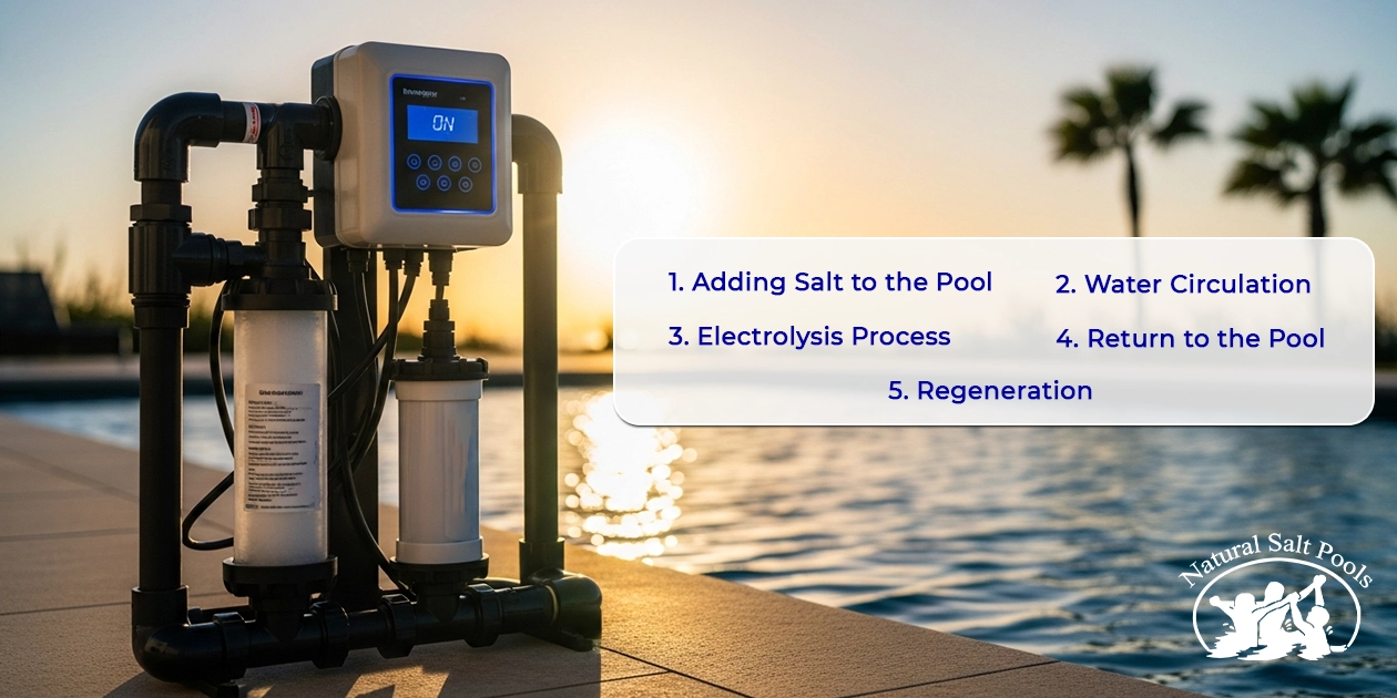 Illustration of the chlorination process where an electric current transforms salt into usable chlorine.