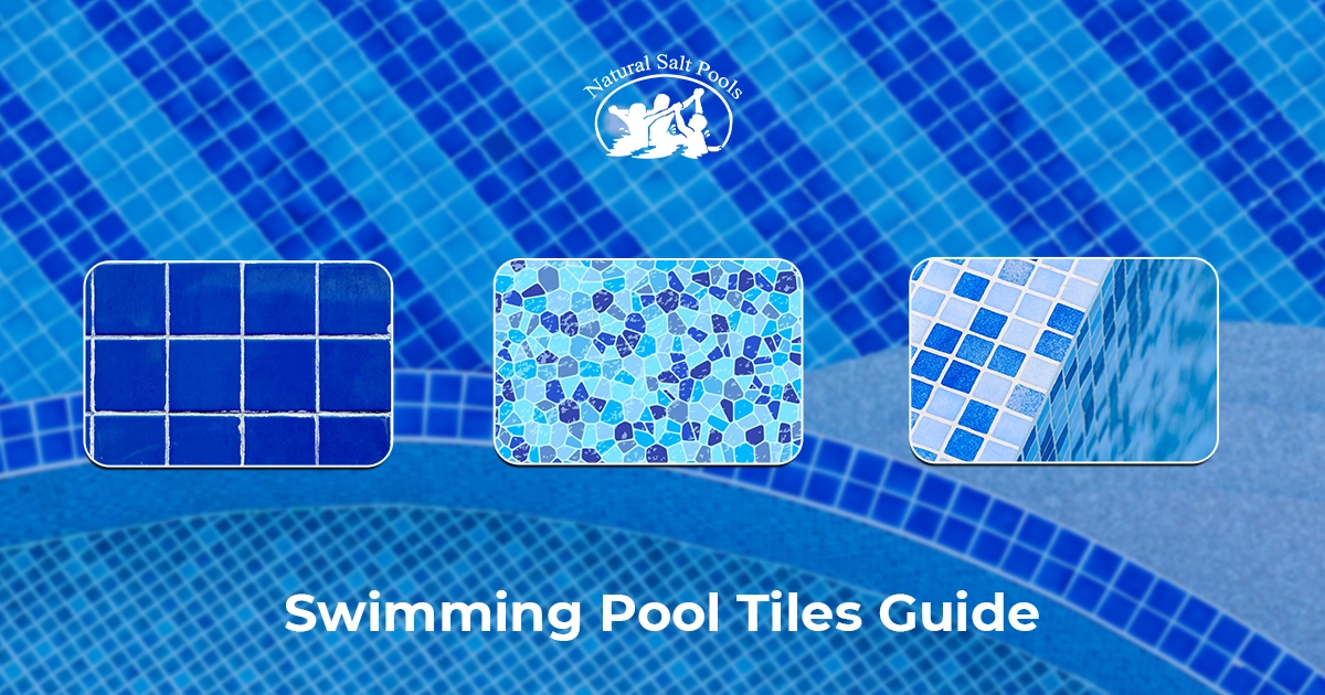 Close-up of three different styles of swimming pool tiles, including solid blue square tiles, a mosaic pattern with various shades of blue, and smaller blue and white checkered tiles on a pool edge, all against a blurred background of a blue tiled swimming pool.