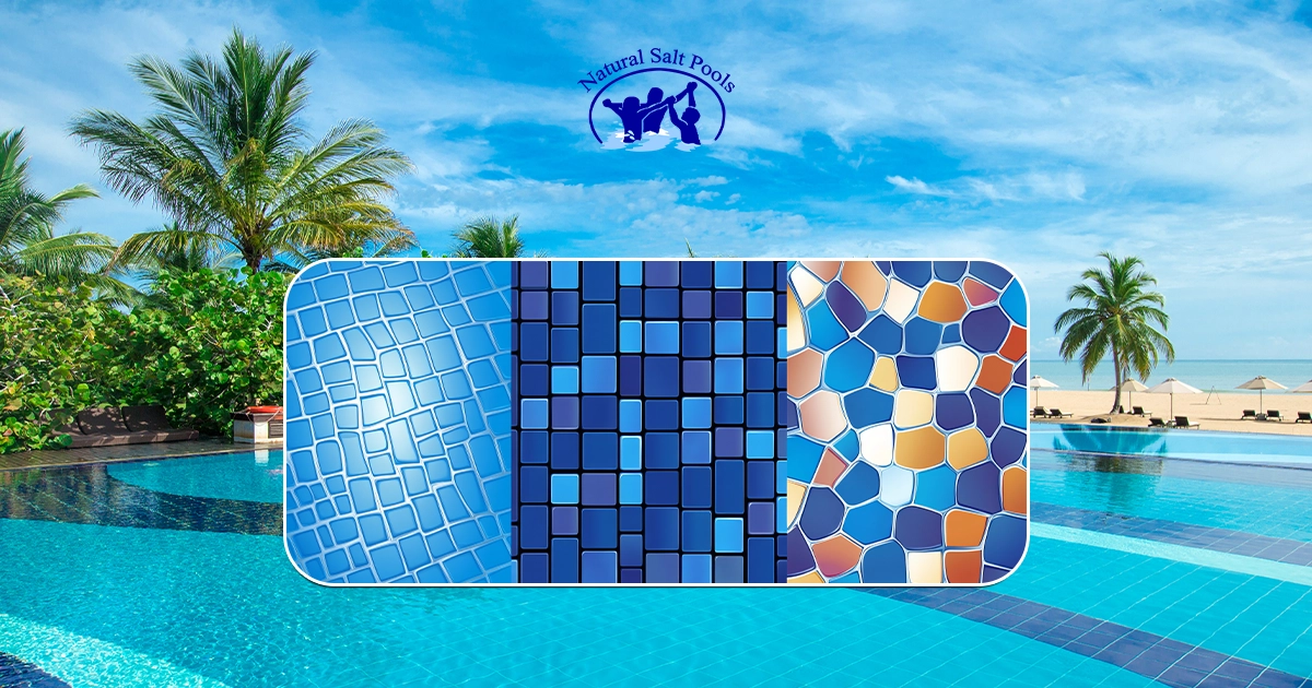 This image shows a beautiful outdoor swimming pool with palm trees and a beach in the background. In the foreground, there are three distinct tile patterns displayed: light blue square tiles, a gradient of darker blue square tiles, and a mosaic pattern in blues, browns, and whites.