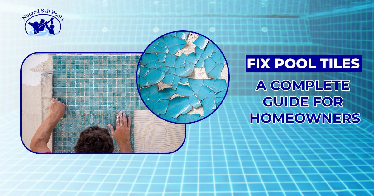 Professional worker repairing cracked swimming pool tiles, featuring a close-up of damaged tile mosaic with a guide title overlay.
