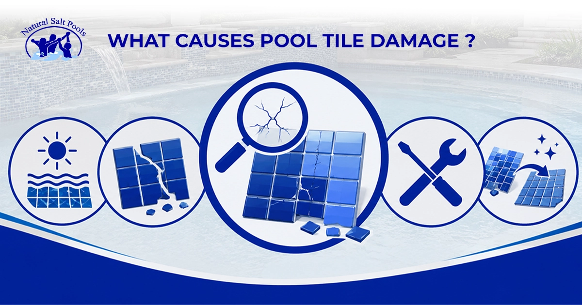 Infographic by Natural Salt Pools showing the common causes of pool tile damage, including sun exposure, cracking, and the need for professional repair.