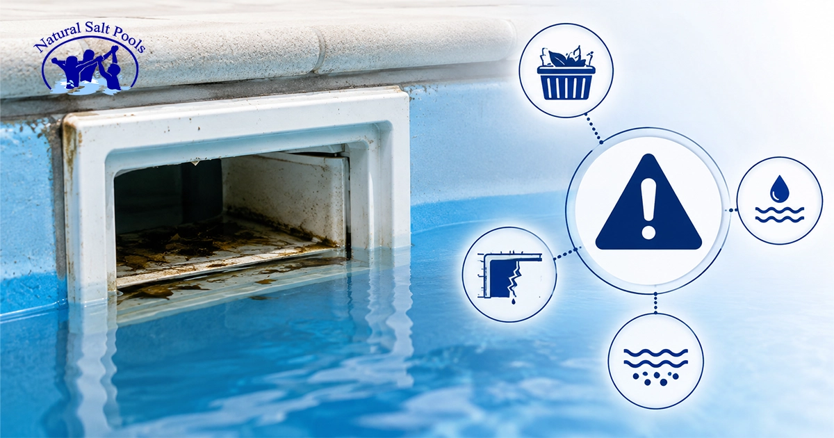 Swimming pool skimmer with a warning symbol surrounded by icons for full skimmer baskets, structural cracks, low water level, and debris buildup