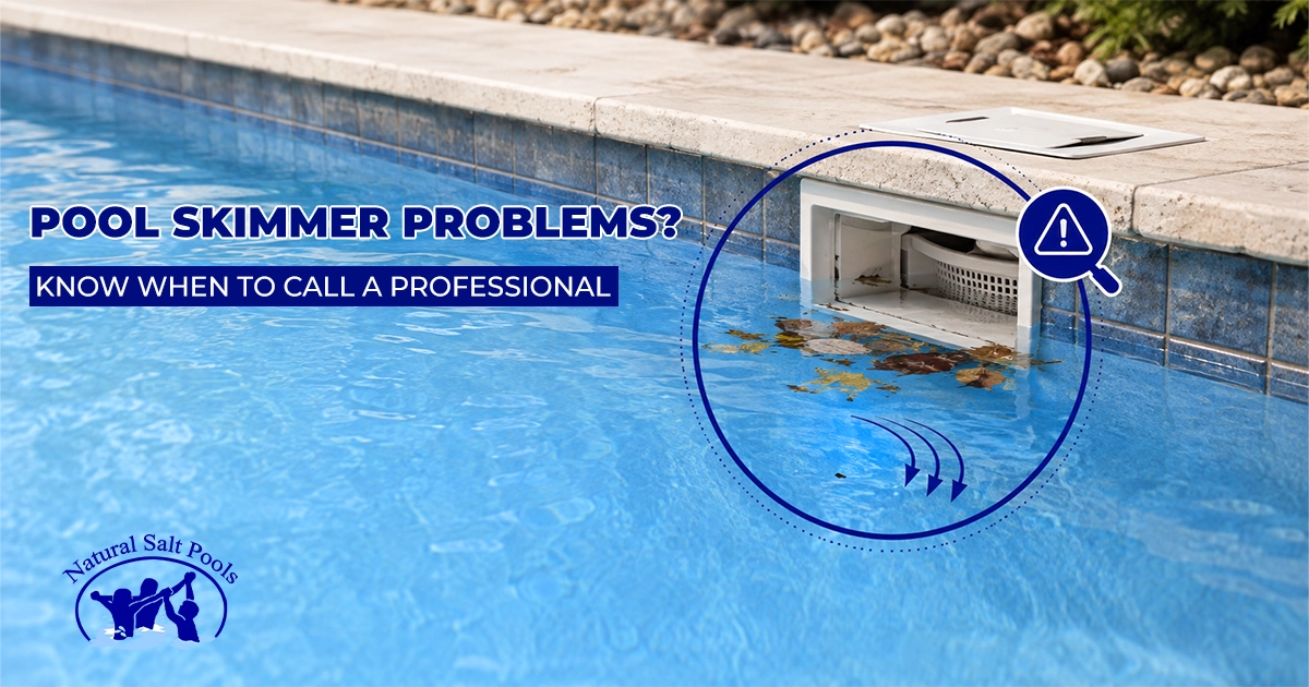 Swimming pool skimmer filled with floating leaves with a graphic overlay asking Pool Skimmer Problems? Know when to call a professional