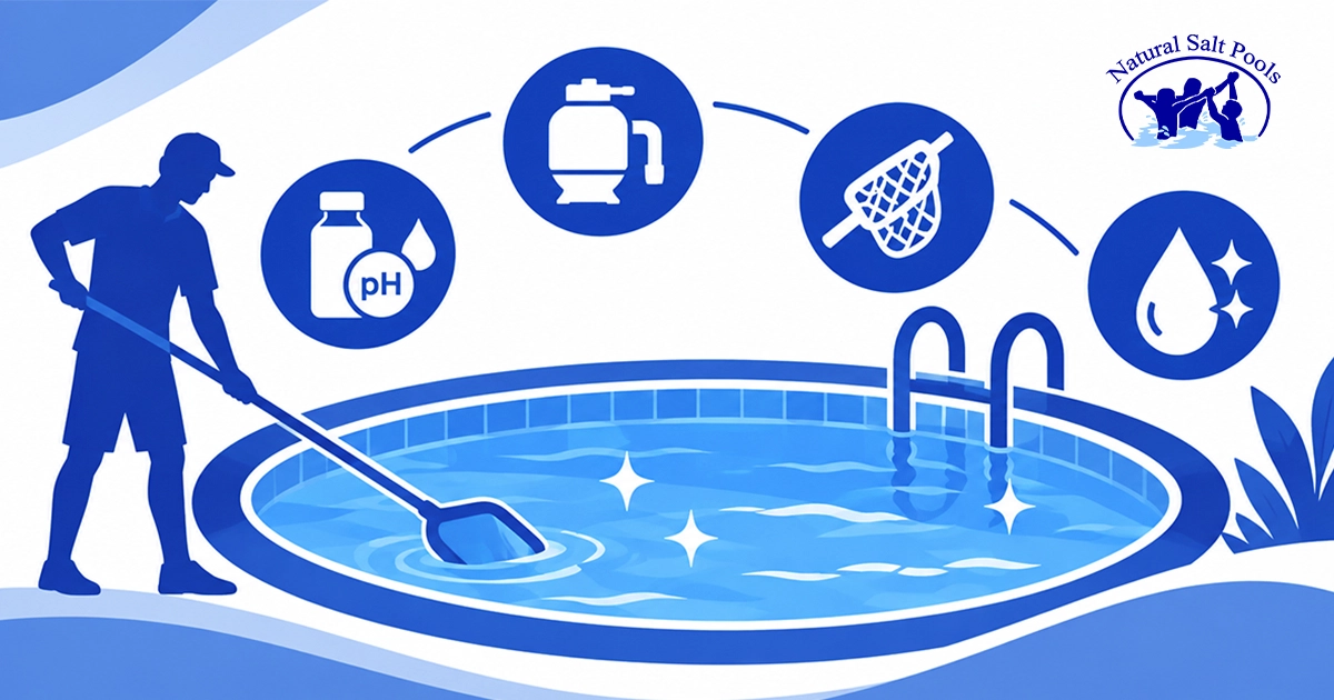 Saltwater pool maintenance process showing pH chemical testing, pool filter, pool skimmer net, and vacuuming